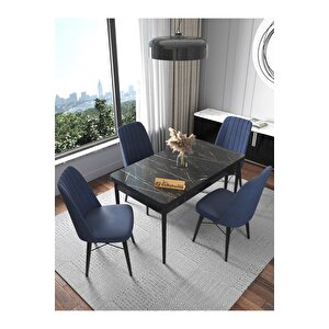 Fixed Lex Serisi , Siyah Mutfak Masa Takımı Yemek Masası 70x110 Sabit 4 Lacivert Sandalye Lacivert