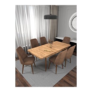 Riff Atlantik 80x130 Açılır Mutfak Masası Yemek Masası Masa Sandalye Takımı 6 Kahve Sandalye - Ahşap Ayaklı Acı Kahve