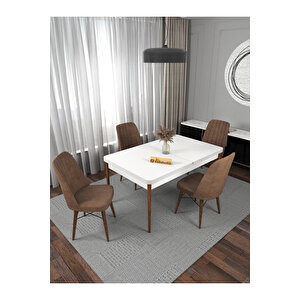 Riff Serisi , 80x130 Kapalı 80x170 Açılabilir Beyaz Mutfak Masa Takımı 4 Kahverengi Sandalye