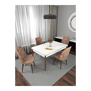 Riff Serisi , 80x130 Kapalı 80x170 Açılabilir Beyaz Mutfak Masa Takımı 4 Cappucino Sandalye Cappuccino