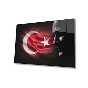 Atatürk Bayrakatatürk Silüetli Gölgesiz Siyah Fonlu Cam Tablo 50x70 cm