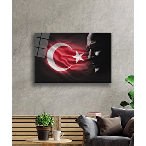 Atatürk Bayrakatatürk Silüetli Gölgesiz Siyah Fonlu Cam Tablo 50x70 cm