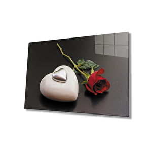 Kalp Gül Cam Tablo 36x23 cm