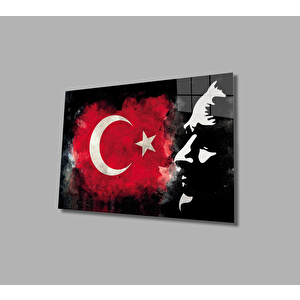 Atatürk Bayrakatatürk Silüetli Gölgeli Siyah Fonlu Cam Tablo 90x60 cm