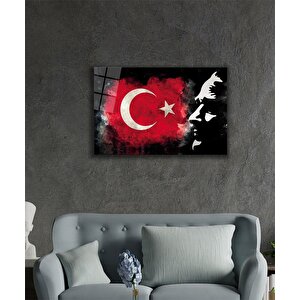 Atatürk Bayrakatatürk Silüetli Gölgeli Siyah Fonlu Cam Tablo 90x60 cm