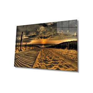 Gün Batımı Deniz Sahil Yolu Cam Tablo Sunset Table 36x23 cm