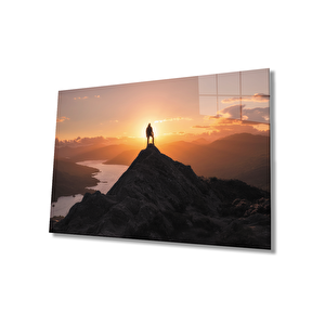 Gün Batımı Irmak Dağ Ve İnsan Manzarası Cam Tablo 50x70 cm