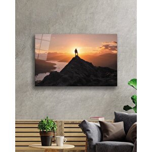Gün Batımı Irmak Dağ Ve İnsan Manzarası Cam Tablo 50x70 cm