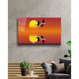 Gün Batımında Leylekler Cam Tablo Storks At Sunset Table 36x23 cm