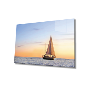 Gün Batımı Deniz Yelken Cam Tablo Sunset Sea Sail 36x23 cm