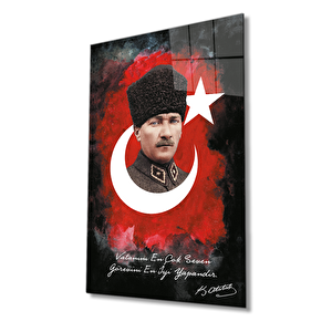 Vatanını En Çok Seven Görevini En İyi Yapandır Atatürk Türk Bayrağı Cam Tablo 90x60 cm