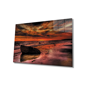 Gün Batımı Deniztaş Cam Tablo Sunset Sea Stone Table 36x23 cm