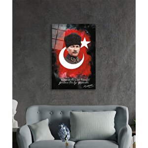 Vatanını En Çok Seven Görevini En İyi Yapandır Atatürk Türk Bayrağı Cam Tablo 50x70 cm