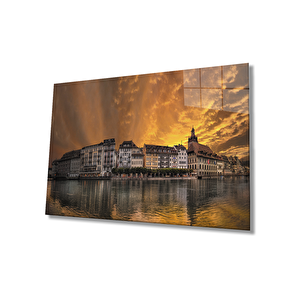 Gün Batımı Şehir Göl Cam Tablo Sunset City Lake Painting 50x70 cm