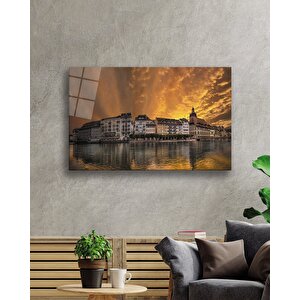 Gün Batımı Şehir Göl Cam Tablo Sunset City Lake Painting 50x70 cm
