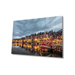 Gün Batımı Deniz Şehir Cam Tablo Sunset Sea City Table 36x23 cm
