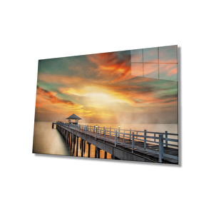 İskele Deniz Gün Batımı Cam Tablo Pier Sea Sunset Table 50x70 cm