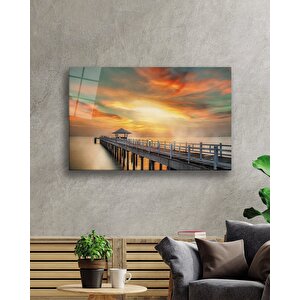 İskele Deniz Gün Batımı Cam Tablo Pier Sea Sunset Table 90x60 cm