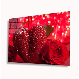 Kalp Ve Gül Cam Tablo 36x23 cm