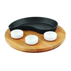 Döküm Damla Formlu Yingyang Fajita Tabağı Kayın Servis Ahşabı Ölçü 10x20cm. (bu Ürüne Sos Kapları Dahil Değildir)