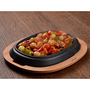 Lava Döküm Oval Fajita Tabağı Kayın Servis Ahşabı Ölçü 12x19cm.