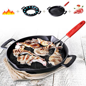 Lava Döküm Yuvarlak Grill Izgara Tavası Genghis Khan Serisi Çift Kulp Ve Silikon Tel Saplı Çap(ø)32cm.