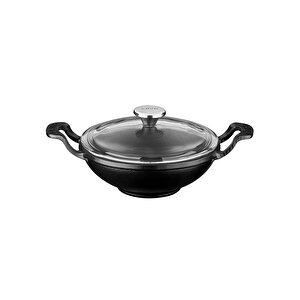 Döküm Mini Wok Yekpare Kulplu Cam Kapaklı Çap(ø)16cm. Siyah