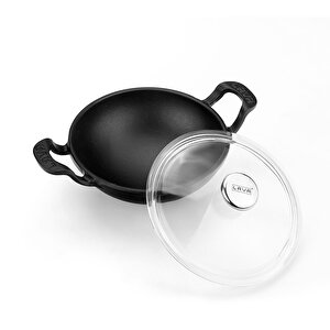 Döküm Mini Wok Yekpare Kulplu Cam Kapaklı Çap(ø)16cm. Siyah