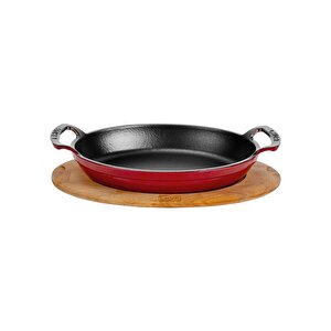 Döküm Oval Sahan Döküm Demir Yekpare Çift Kulplu Kayın Servis Ahşabı Ölçü 19x14cm. Kırmızı