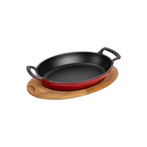 Döküm Oval Sahan Döküm Demir Yekpare Çift Kulplu Kayın Servis Ahşabı Ölçü 19x14cm. Kırmızı