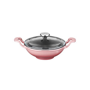 Döküm Mini Wok Yekpare Kulplu Cam Kapaklı Çap(ø)16cm. Pembe