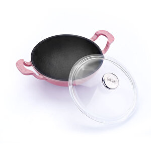 Döküm Mini Wok Yekpare Kulplu Cam Kapaklı Çap(ø)16cm. Pembe
