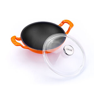 Döküm Mini Wok Yekpare Kulplu Cam Kapaklı Çap(ø)16cm. Turuncu