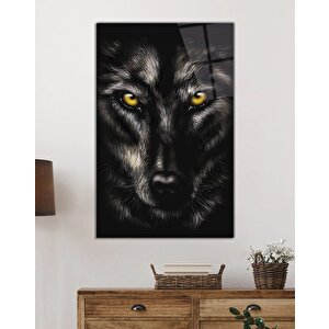 Sarı Gözlü Kurt Hayvan Portresi Cam Tablo 36x23 cm