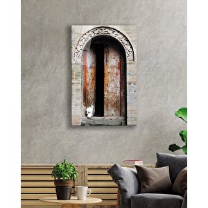 Oyma Taş Kemerli Ahşap Kapı Ve Kedi Cam Tablo 36x23 cm