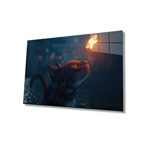 Kedi Ve Kelebek Soyut Cam Tablo Ev Ve Ofis Duvar Dekoru 50x70 cm