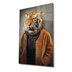 İnsan Vücutlu Kaplan Hayvan Portresi Cam Tablo 50x70 cm