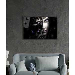 Fantastik Kadın Siyah Kedi Mor Gözler Cam Tablo 50x70 cm