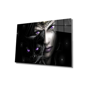 Fantastik Kadın Siyah Kedi Mor Gözler Cam Tablo 36x23 cm