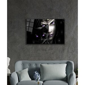 Fantastik Kadın Siyah Kedi Mor Gözler Cam Tablo 36x23 cm