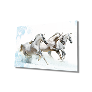 Beyaz Atlar Hayvanlar Cam Tablo Ev Ve Ofis Duvar Dekoru 90x60 cm