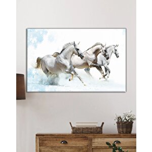 Beyaz Atlar Hayvanlar Cam Tablo Ev Ve Ofis Duvar Dekoru 90x60 cm