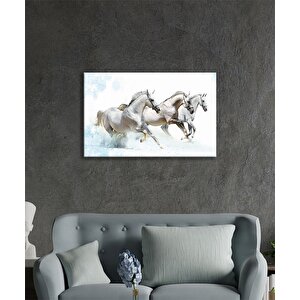 Beyaz Atlar Hayvanlar Cam Tablo Ev Ve Ofis Duvar Dekoru 90x60 cm