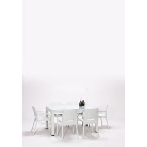 Rattan Large Lüx Camlı Beyaz Masa Takımı Bahçe&balkon 1 Camlı Masa + 6 Sandalye