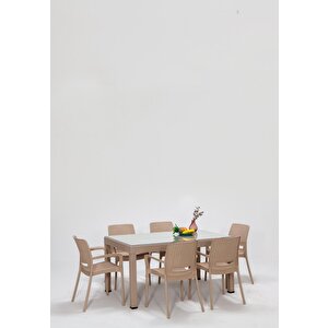 Rattan Large Lüx Camlı Cappucino Bahçe ve Balkon Masa Takımı, 1 Camlı Masa + 6 Sandalye