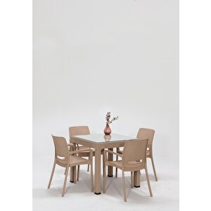 Rattan Small Lüx Camlı Cappucino Masa Takımı Bahçe&balkon 1 Camlı Masa 4 Sandalye