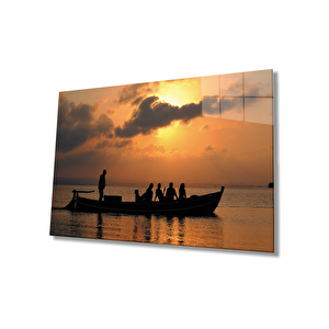 Gün Batımında Deniz Kayık Cam Tablo 36x23 cm