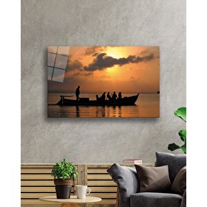 Gün Batımında Deniz Kayık Cam Tablo 36x23 cm