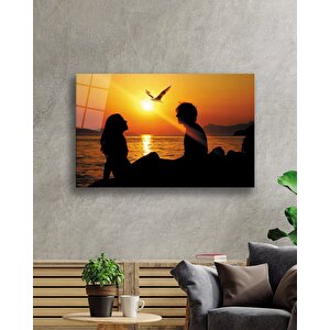 Gün Batımında Sevgililer Cam Tablo 36x23 cm