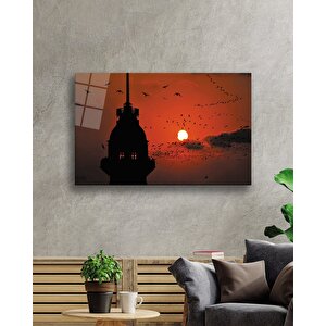 İstanbul Gün Batımında Kız Kulesi Martılar Cam Tablo 36x23 cm